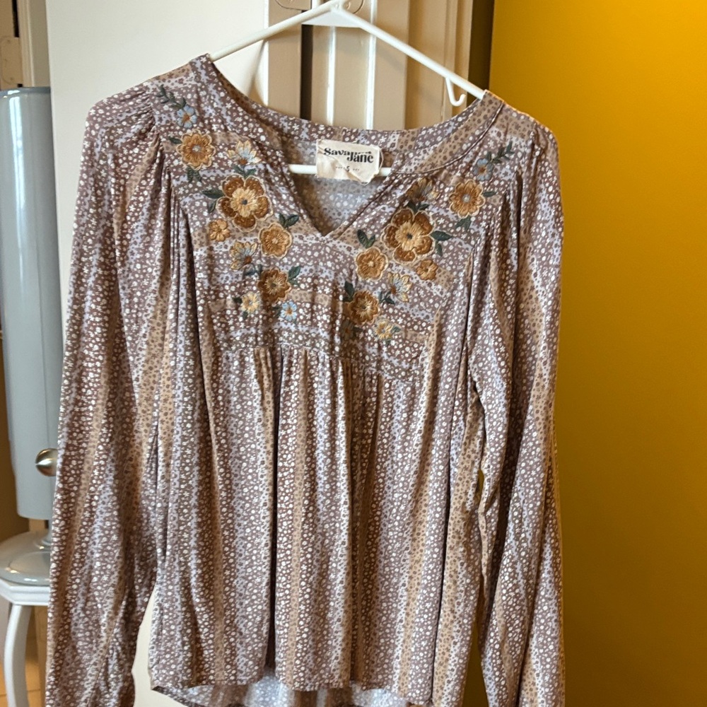 Savanna Jane Floral Embroidered Blouse - Brown and Cream